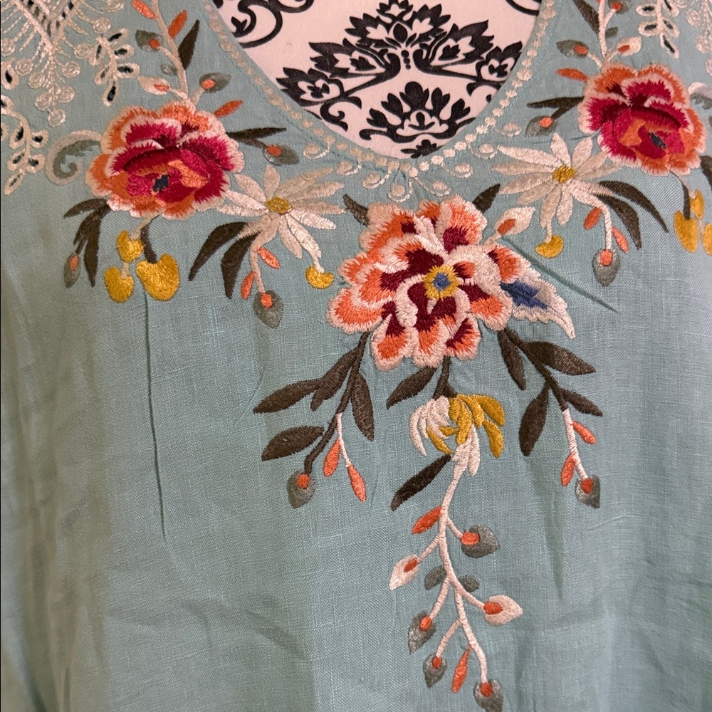 Johnny Was Turquoise Embroidered Mini Dress with Pink & Green Floral Detail - Picture 4 of 14